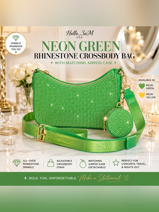 Hello_3am Handbags - Neon Green Rhinestone Crossbody Bag w/ AirPod Case | Crystal Shoulder Purse NWT